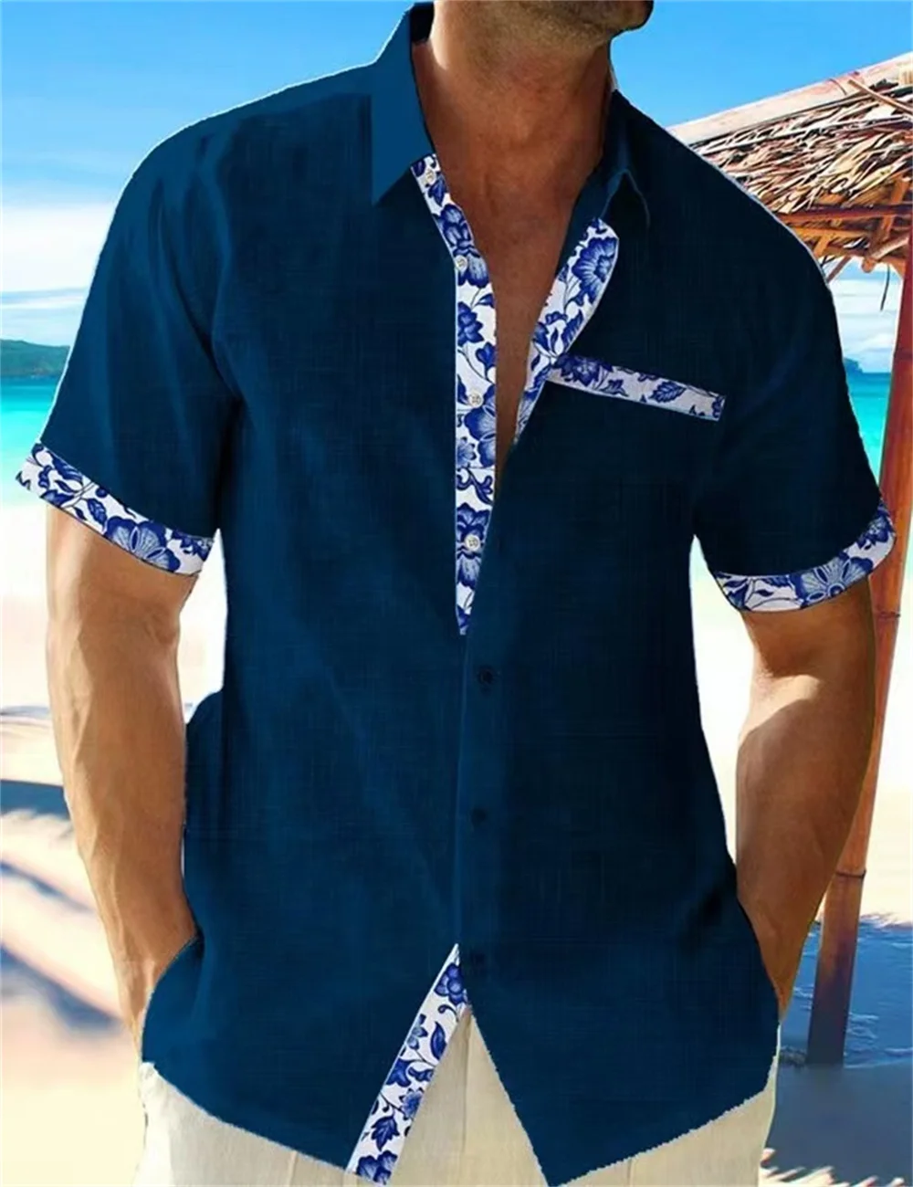 

New Fashion Casual Men's Hawaii Beach Solid Linen Single breasted Short Sleeve Shirt Men's High Quality Street Men's Top Summer