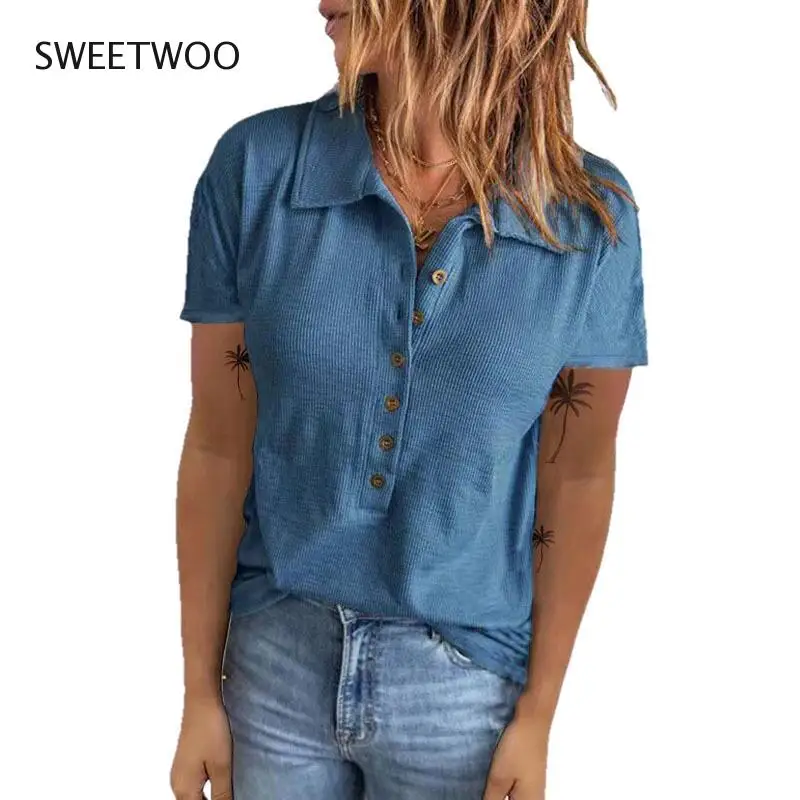 

2022 Women Summer Solid Color Button V-Neck Knitted T-Shirts Casual Loose Short Sleeve Vintage Pullover Tops Oversize Knitwear