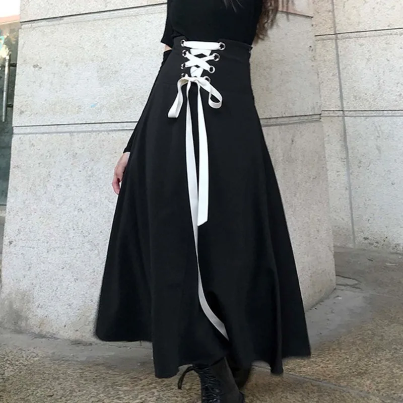 

XUXI 2022 Spring Bandage Corset Half-length Skirt Women Mid-length A-Line Temperament Over The Knee Skirt E4792