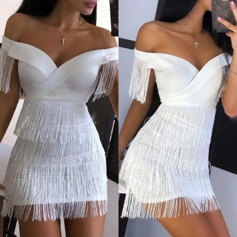 

Женское вечернее платье с бахромой, белое модельное платье с коротким рукавом и кисточками в стиле Звезд, для клуба, для лета, 2019