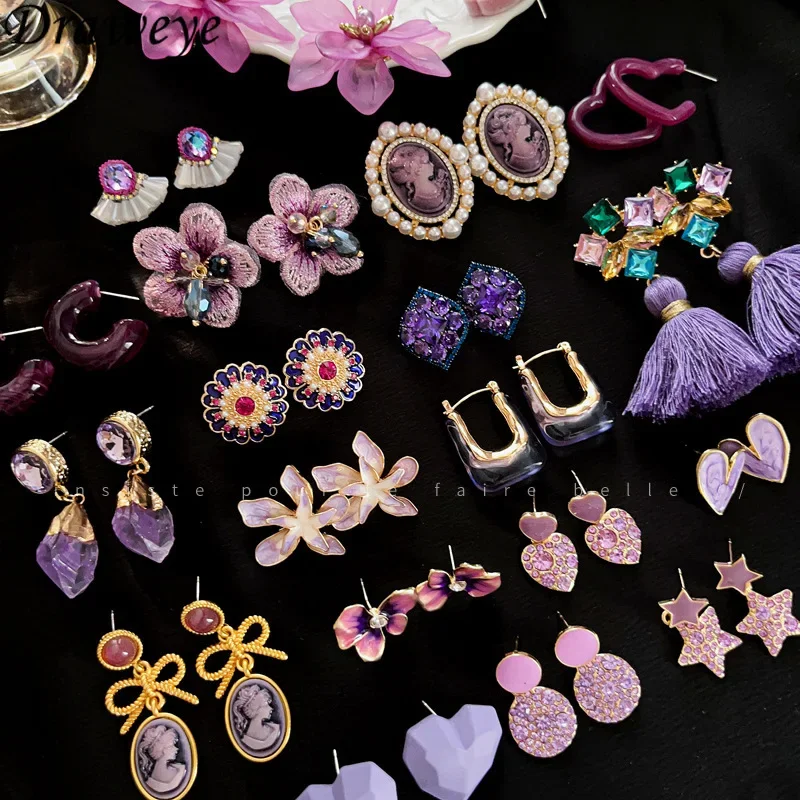 

Draweye Purple Tassels Earrings for Women Korean Fashion Flowers Sweet Elegant Aretes De Mujer Vintage Ins Hot Sale Jewelry
