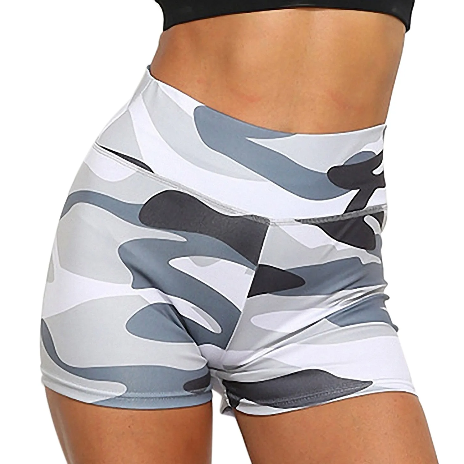 

Women's Sports Fitness Stretch High Waist Camouflage Sports Running Yoga Shorts Gray L Size