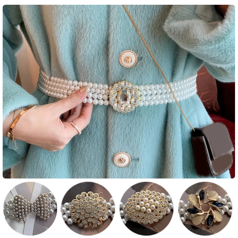 1PC Pearl Waist Chain Belt For Women Beaded Elastic Waist Seal Variety Of Styles Imitation Pearl Beads Buckle Waistband