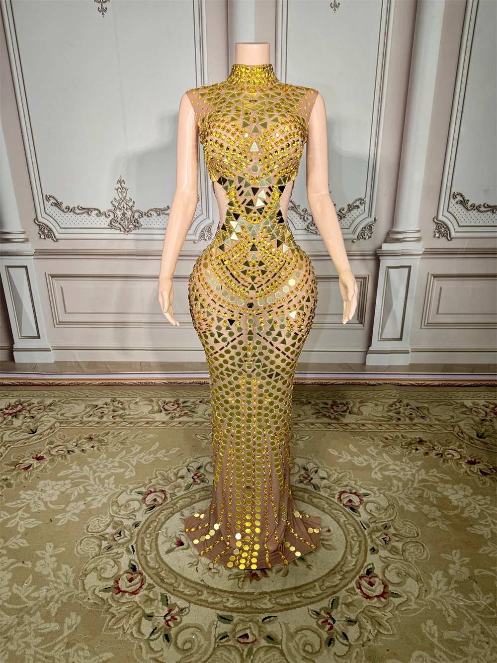 Роскошное дзеркальное длинное платье со стразами для женщин певица знаменитость