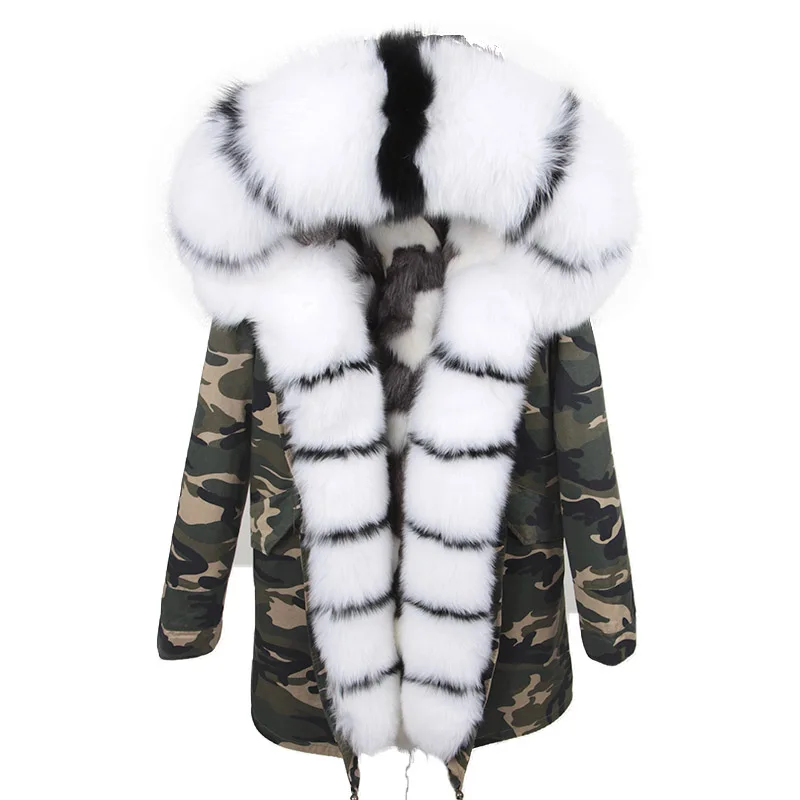 Mao mao kong Winter Women's Fur Jacket Long Outdoor Tops Real Fox Fur Lining Parka ED44  Women's coat