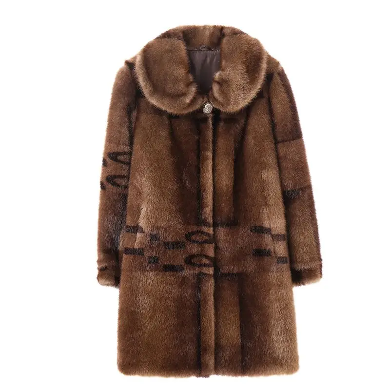 

Autumn Winter Women's Polo Collar Mink Coat Fur Outerwear Thick Medium and Long Knitted Sweaters New Middle-aged Jacket T47