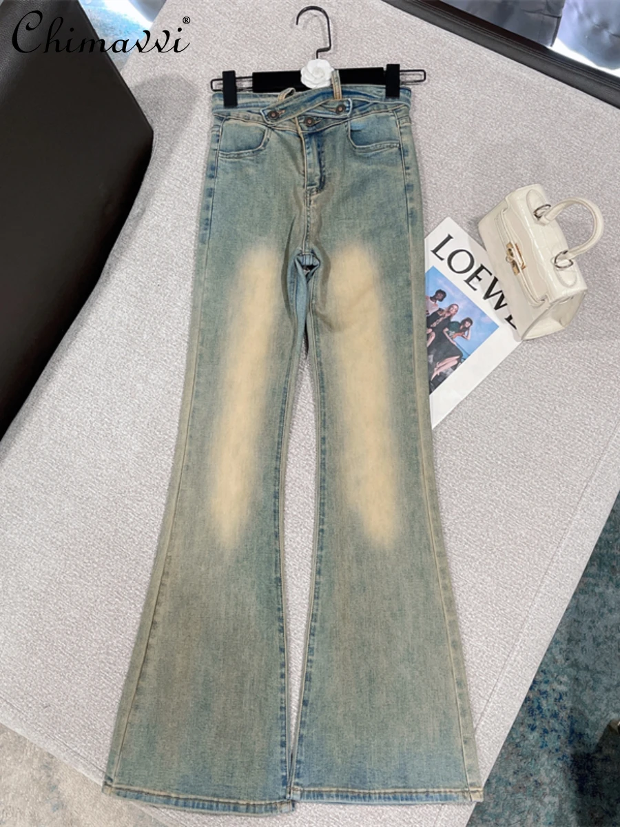 

2022 Summer Clothes New Fashion Sexy Design Waist Trimming Lace Up Jeans Elegance Retro Washed Flared Denim Pants All-match