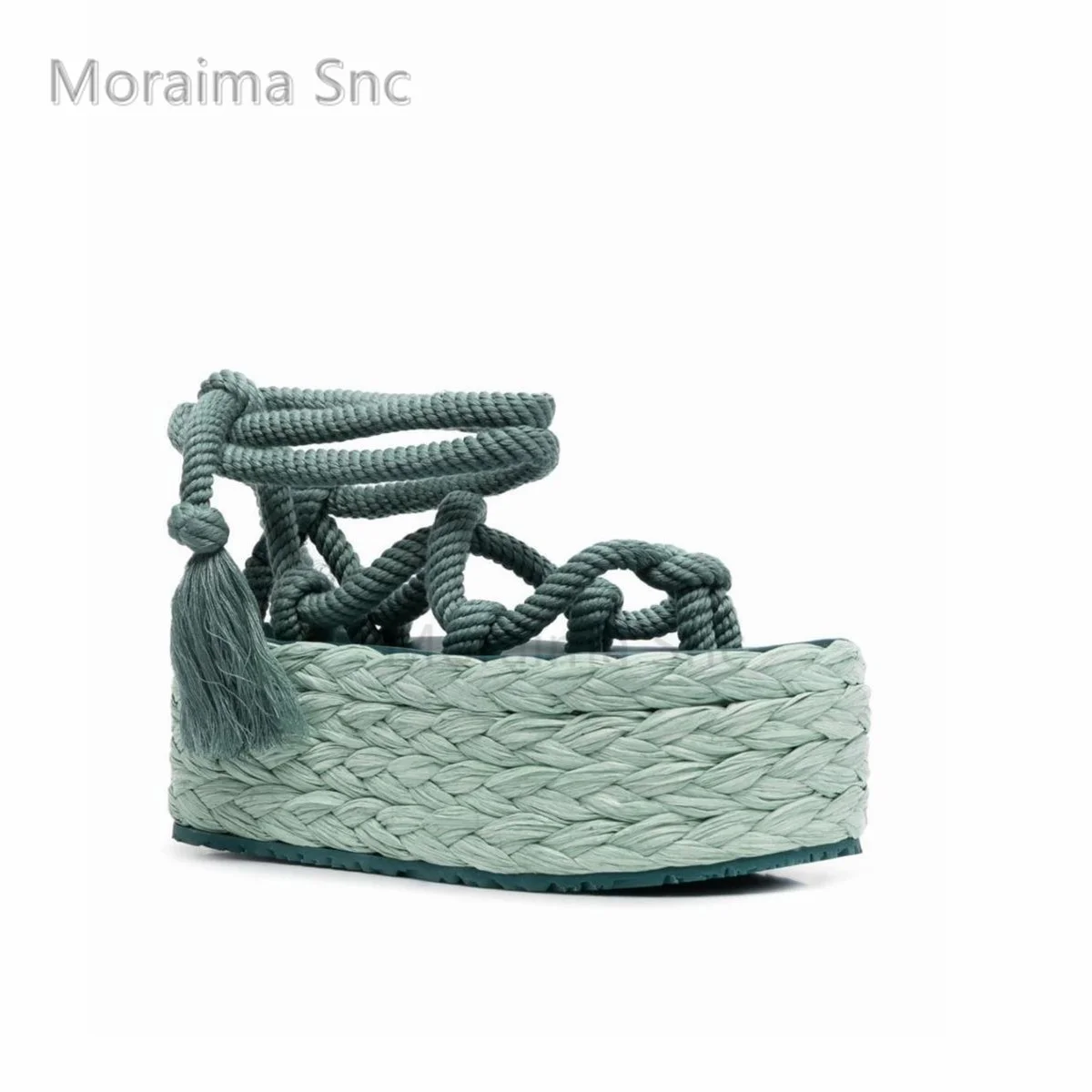 Espadrilles Platform Hemp Rope Sandals for Women with Heels Summer Tassel Solid Color Lace Up Ladies Shoes Ankle Cross Straps