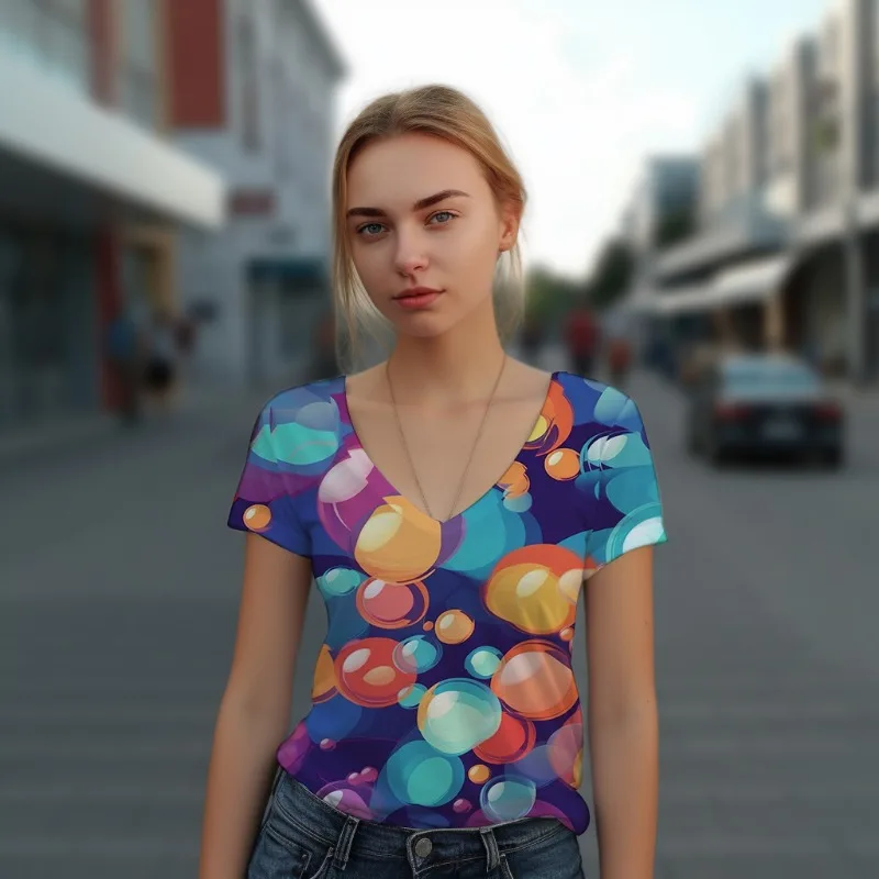 

Новинка лета 2023, женская модная футболка с V-образным вырезом, красочная популярная футболка с 3D принтом, популярная уличная футболка, гавайская Яркая футболка