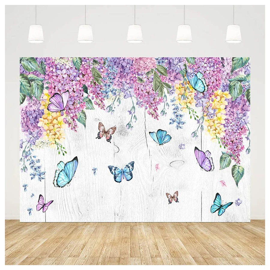 

Фон для фотосъемки с изображением весенней бабочки на день рождения, украшения для вечеринки в честь будущей матери, фиолетовые цветы, дере...