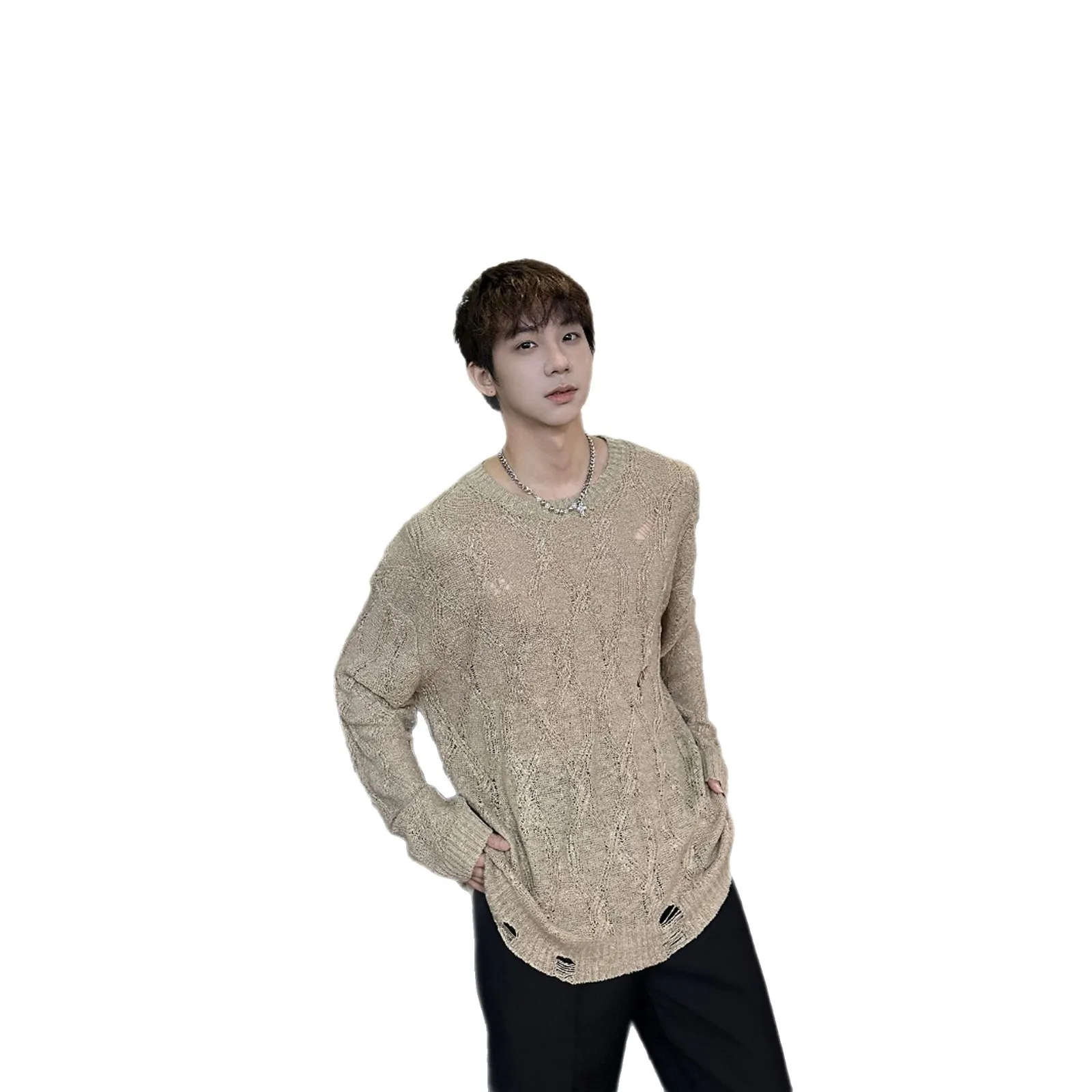 Hollow Hole Spring New Blouse Thin Mesh Top Men's And Women's Lazy Long-sleeved Youth Knitted Sweater T-shirt (art.: 3920cfc9499c6) - 3920cfc9499c6