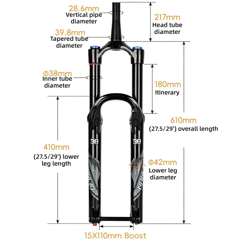 Фото Вилка амортизационная NANLIO X10PRO MTB с воздушно-масляной подвеской, шток 36/38 мм, ход 160/180 мм, ось BOOST 15x110 мм, для эндуро и даунхилла №5