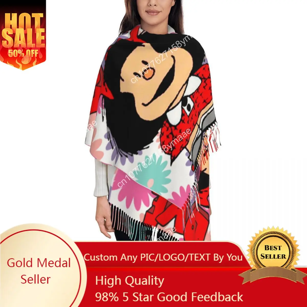 

Custom Love Mafalda Flowers Scarf for Womens Warm Winter Pashmina Shawls and Wrap Cartoon Long Large Scarves with Tassel Ladies