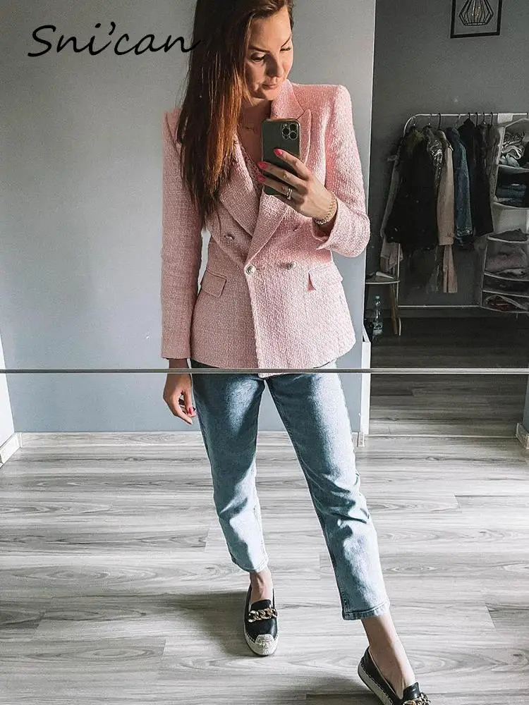 

Pink Plaid Woolen Tweed Jacket Coat Winter Thick Warm Elegant Office Ladies Tops Double Breated Casual Women Tops cappotto donna