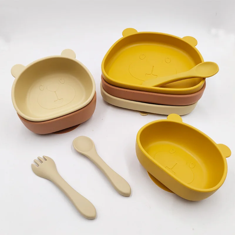 

Набор детских тарелок 4 шт., не содержит Бисфенол А, водонепроницаемая небьющаяся присоска для кормления детей, силиконовая миска с ложкой