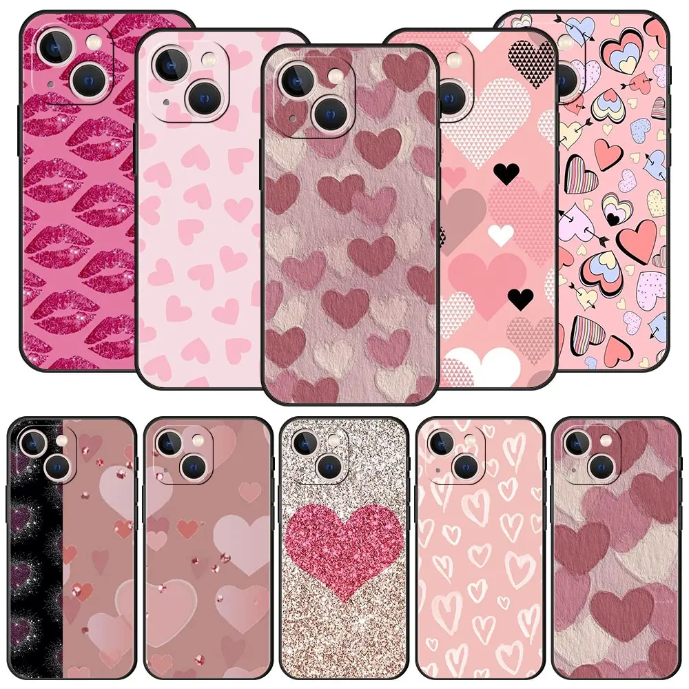 

Gold Pink Rose Glitter Hearts Phone Case For Apple iPhone 11 14 Pro MAX 12 13 Mini 7 8 Plus X XR XS MAX SE Silicone Black Cover
