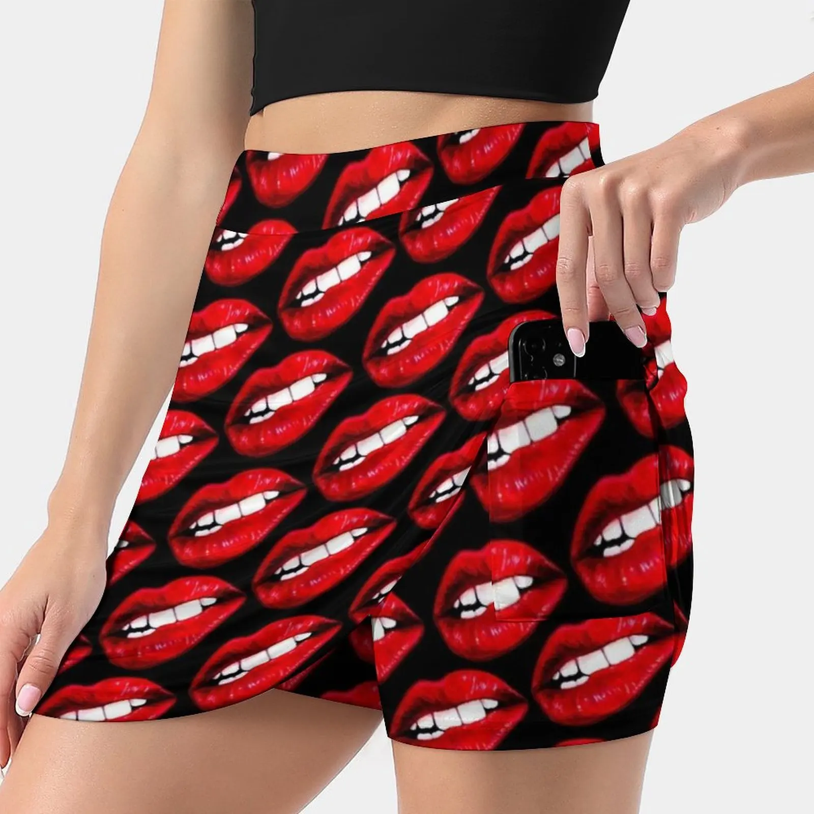 

Lip Pattern-Black Women's skirt Sport Skort Skirt With Pocket Fashion Korean Style Skirt 4Xl Skirts Lip Lipstick Lips Bite