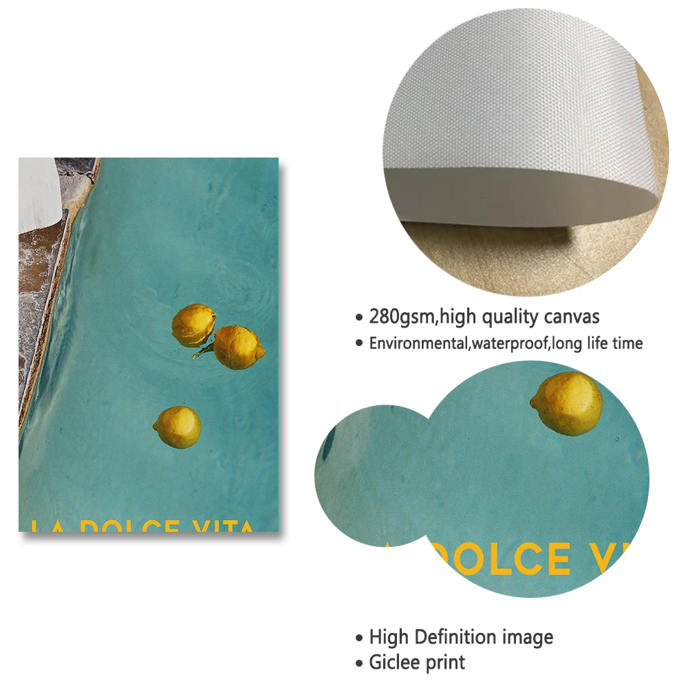 Canvas Print Painting Poster La Dolce Vita Wall Pictures Lemon Pool Nordic Vintage Italian Summer Blue Color Art for Living Room |