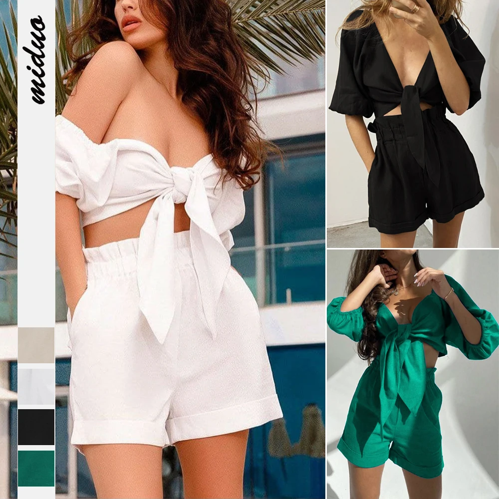 

2022 Women's Casual Suit Long Sleeves + Shorts V-neck Design Cotton Linen Cardigan For Women Lady Fashion Pure Color Short Sets