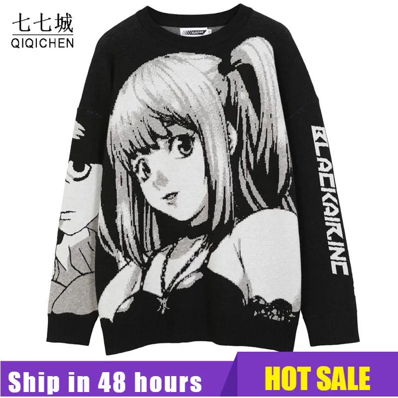 Anime Girl Knitted Sweater Men Hip Hop Street Loose Wool Jumper Vintage Pullover Women Japanese Harajuku Gothic Spring Sweaters