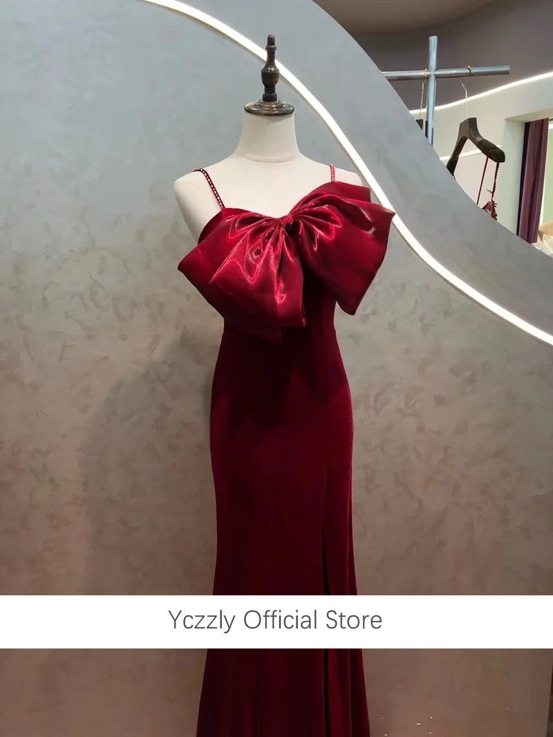 

Burgundy Velour Formal Gown Sexy Spaghetti Straps Mermaid Evening Dresses With Bow Robe Soiree YE38