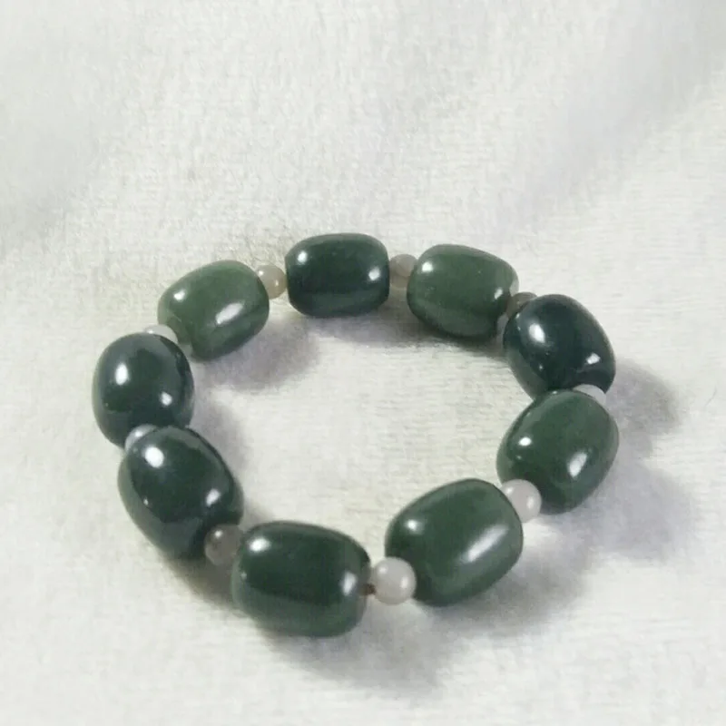

Natural Hetian Jade Bracelet Lucky Amulet Men Women Fine Jewelry Real Chinese Nephrite Green Jades Barrel Bead Elastic Bracelets