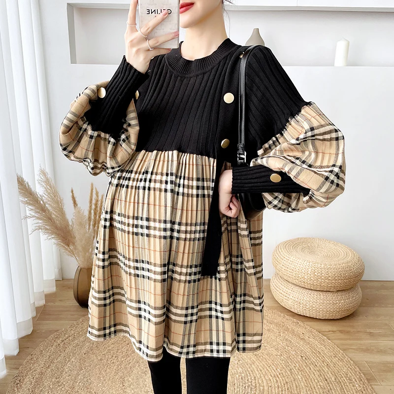 5020# Autumn Plaid Patchwork Knitted Maternity Blouses Fashion Loose Tunic Clothes for Pregnant Women Pregnancy Shirt Tops Dress