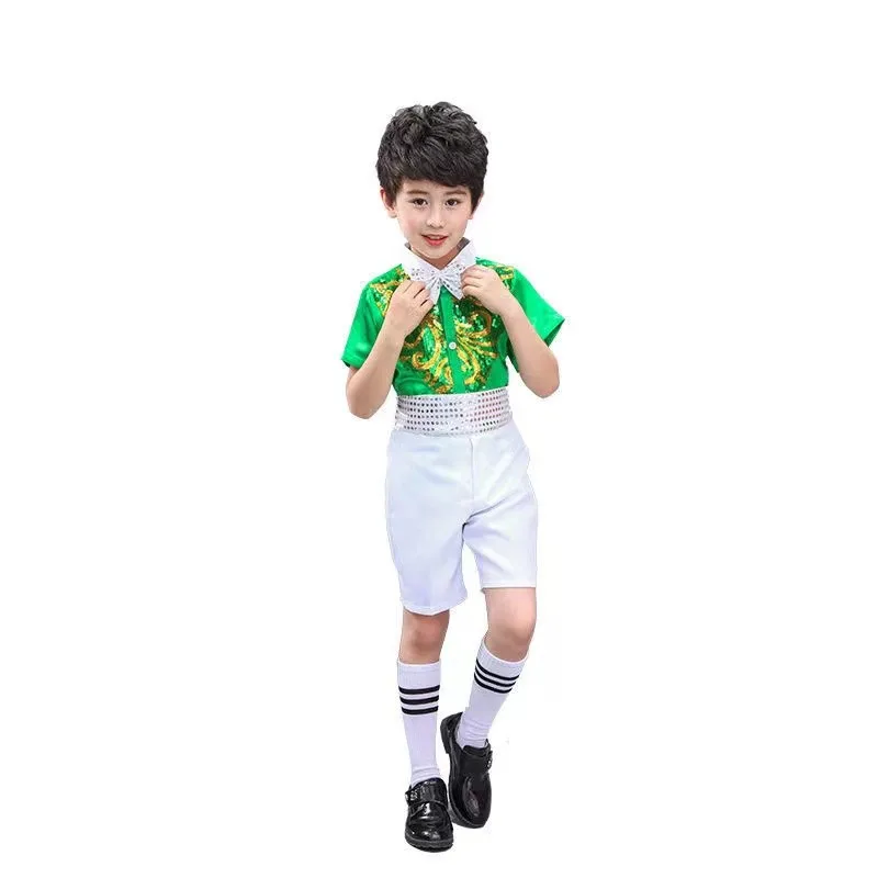 

New Boys Sequins Tops+pants Ballroom Stage Modern Boys Children's Latin Dance Costumes Boys Suit Latin Dancewear Ruffly Clothes