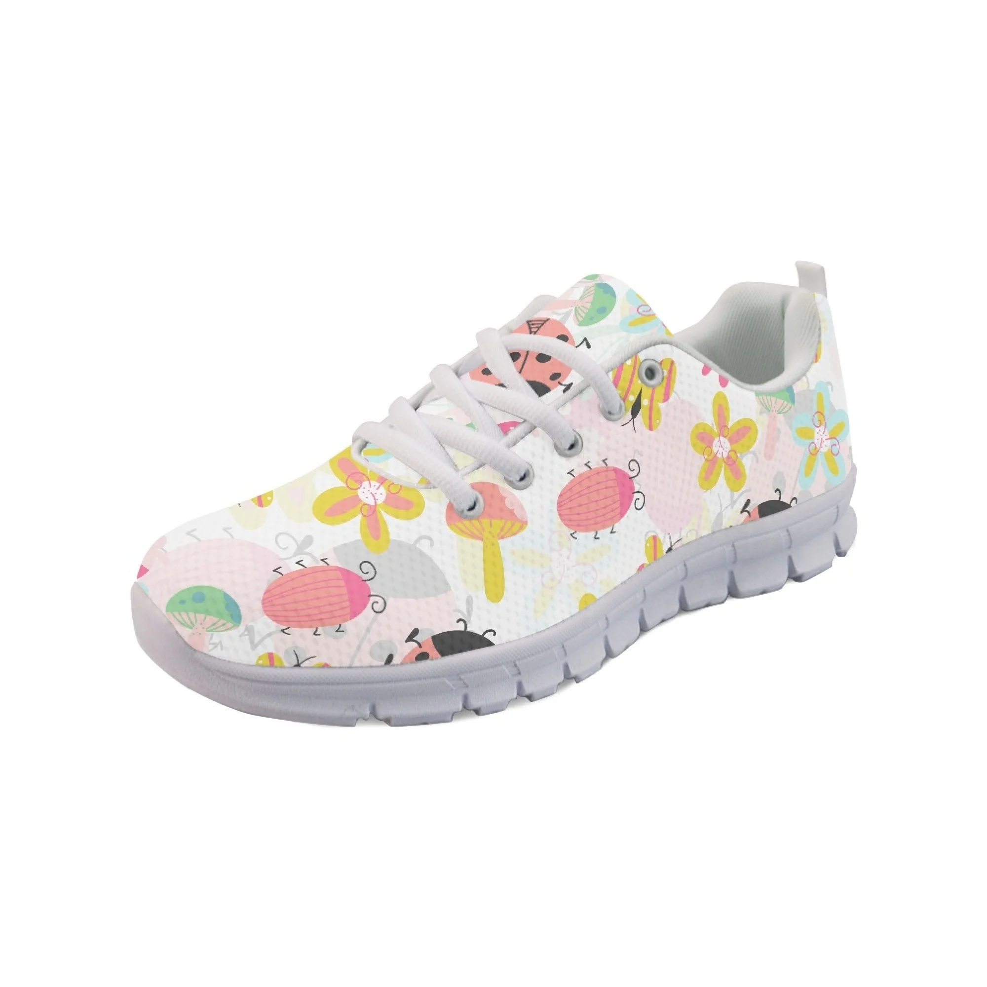 Yikeluo Cartoon Pattern with Flower Printed Mesh Shoes Woman Spring Ladies Shoes Lace-Up Flats Sneakers Women Unsex Footwear
