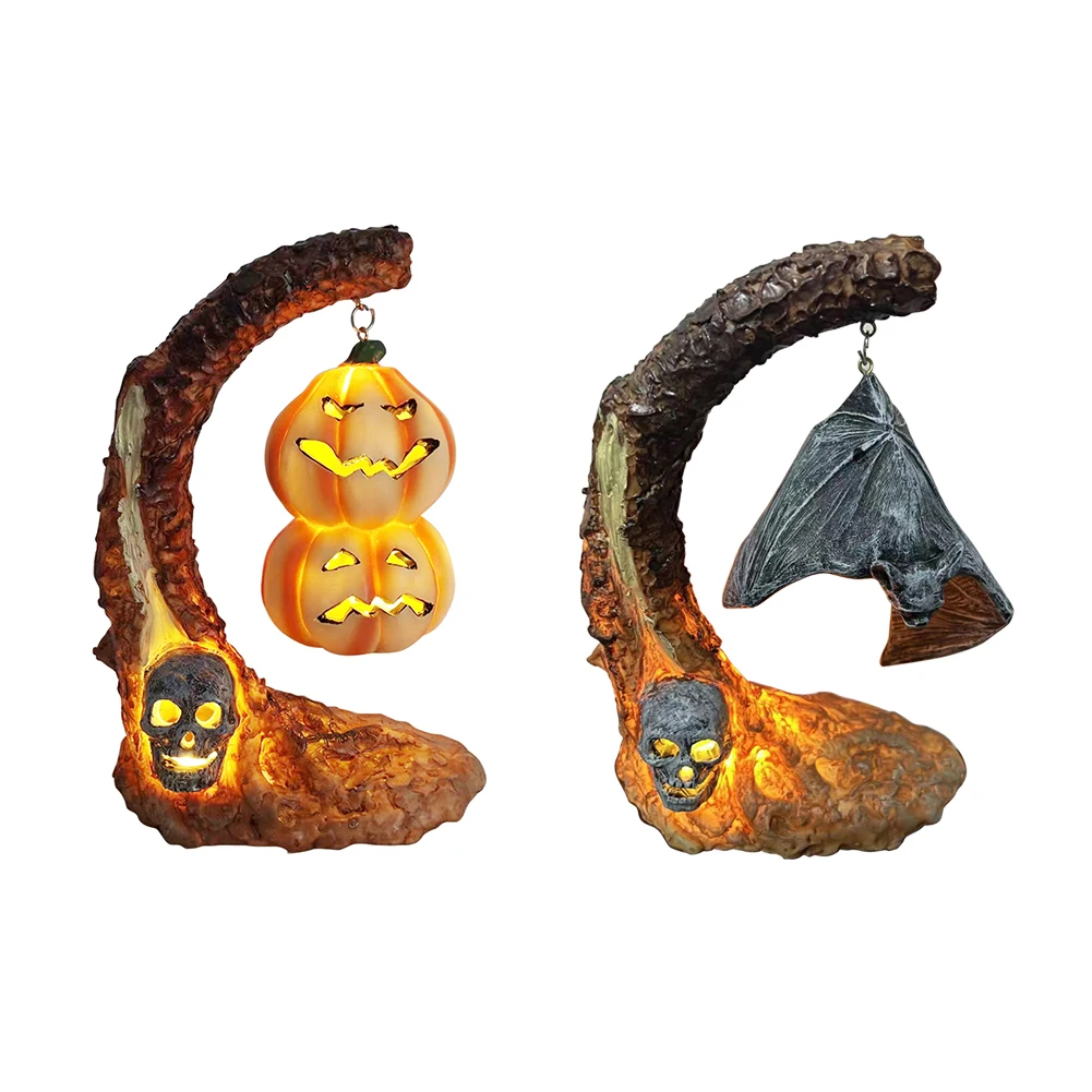 

Orange Pumpkin Lights Halloween Lantern With Resin Made Skeleton Statues Scary Skull Glowing Pumpkin Lantern Night Lights Decors