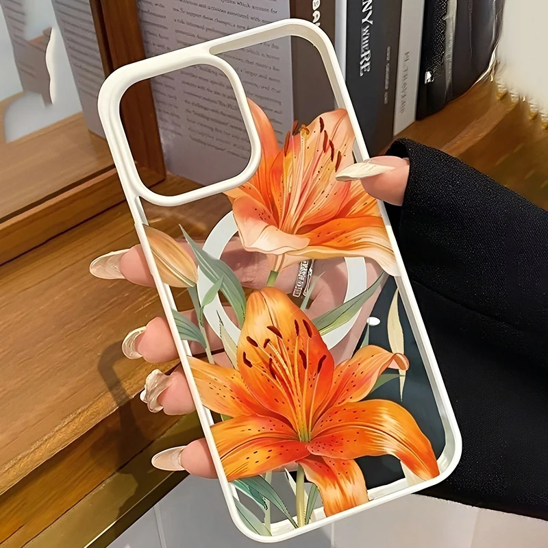 Фото Оранжевый магнитный чехол с узором в виде лилий для iPhone 17, 11, 16, 15, 14, 13, 12 Pro Max Plus, Air 17E, 16E, совместимый с беспроводной зарядкой MagSafe №1