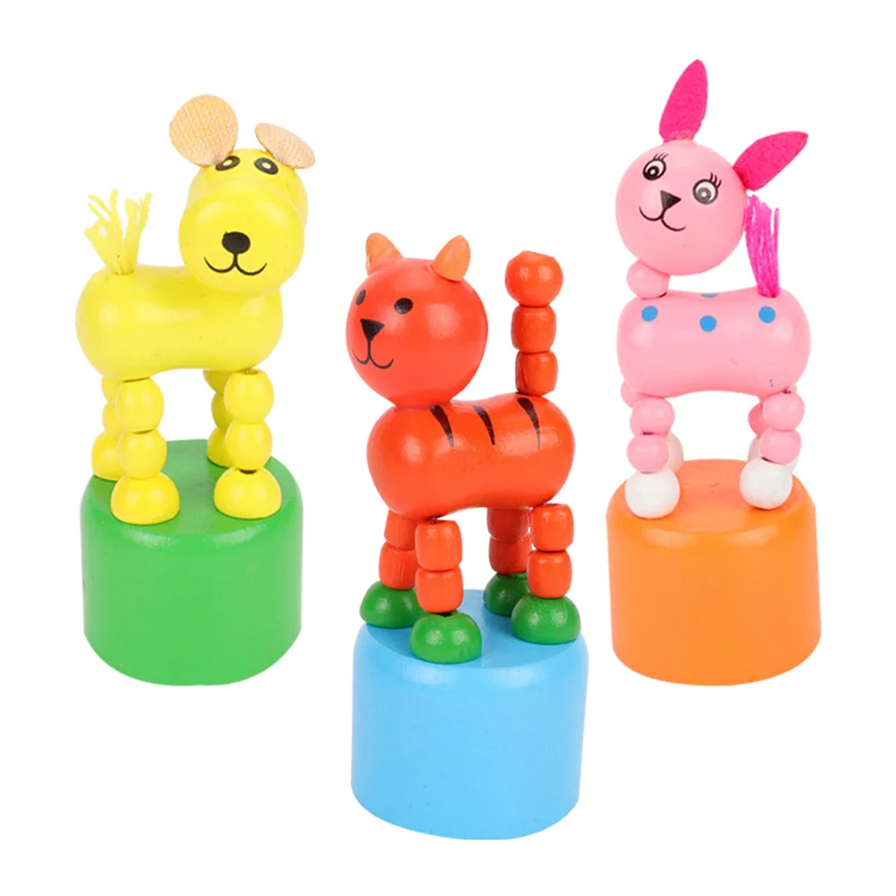 

3 Pcs Press Barrel Toy Thumb Animal Small Finger Puppet Puppy Kids Spring Swinging Plaything Wooden Cars The