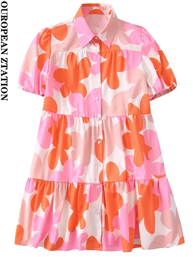 

PAILETE Women 2022 fashion printed ruffled mini dress vintage lapel short sleeve front buttons female dresses vestidos mujer