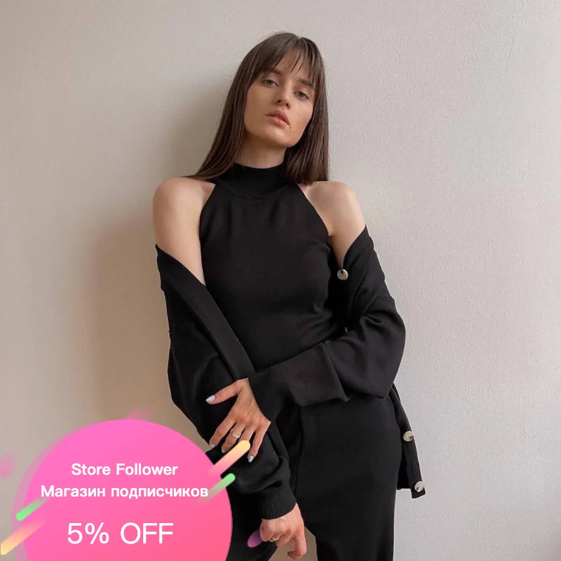 

3 Pieces Sweater Suit Tracksuit Plus Size Fleece Set Turtleneck Vest +Oversize Cardigans + Wide Leg Pants Women Outfit