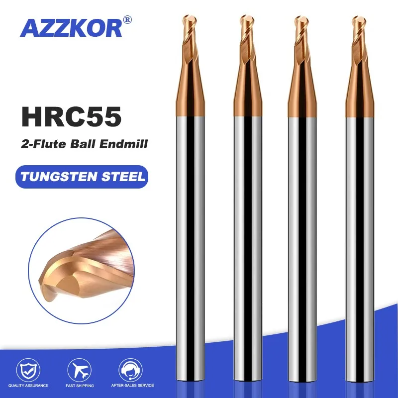 

AZZKOR HRC55 2-Flute Tungsten Steel Decimal Point Nano Coating Ball End Endmills CNC Mechanical Maching Milling Cutter Tools