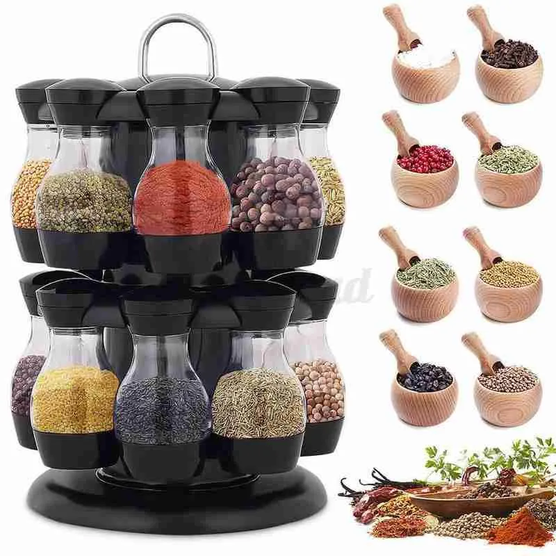 

360 Rotating Condiment Set Spice Jar StorageBox HomeKitchen Cruet Condiment Bottle Coffee Sugar Seal Jar Container Rack 8/16pcs