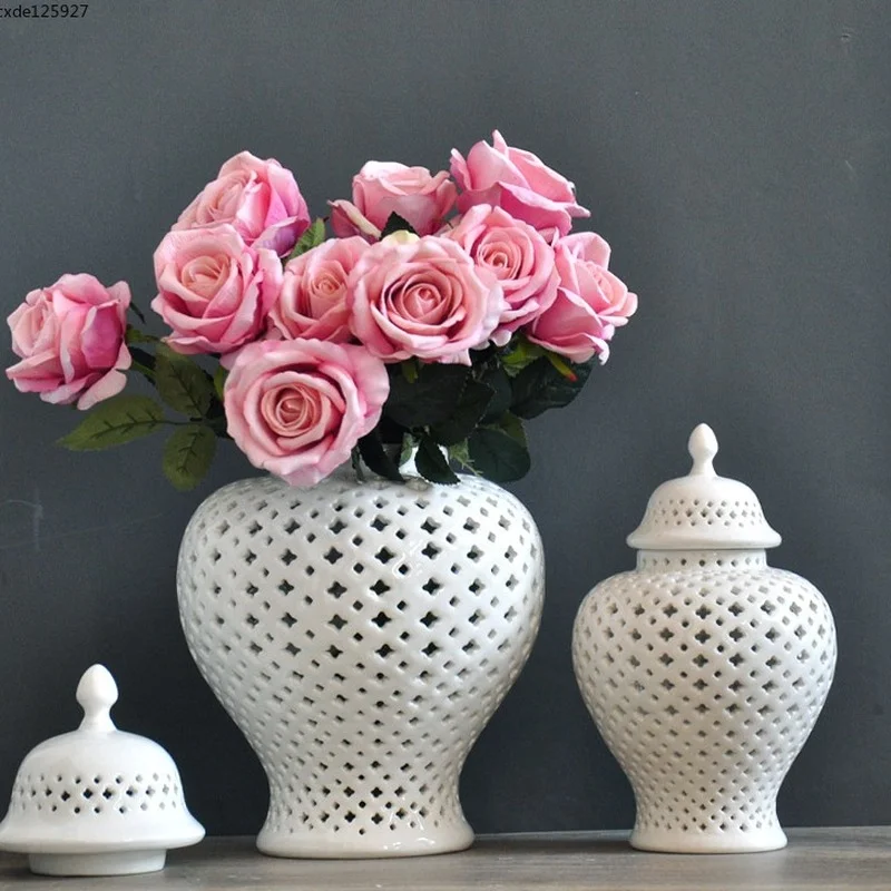 Ceramic White Hollow Vase Flower Arrangement Decoration General Jar Crafts Porcelain Flower Vase Art Storage Jar Home Decoration