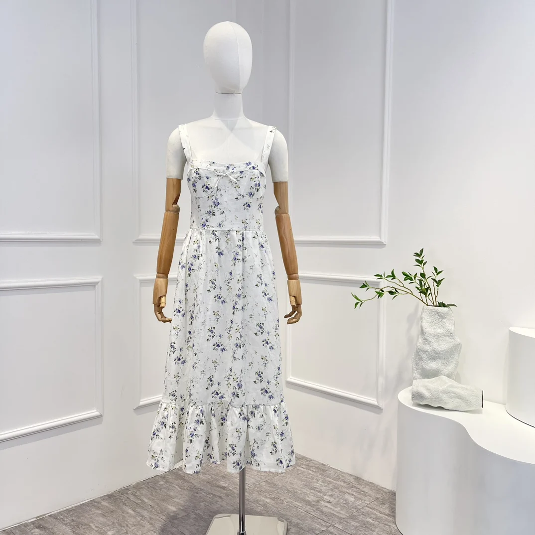 2023 New Linen White Top Quality Spring Summer Vintage Floral Printing Sleeveless Elegant Folds Frill Woman Midi Dress