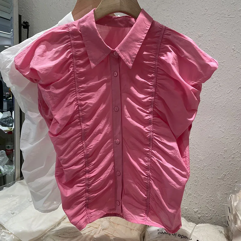 

European Design Pleated Sleeveless Shirts Blouses Women's 2023 Summer New POLO Neck Shirt Slim Fashion Pink White Top
