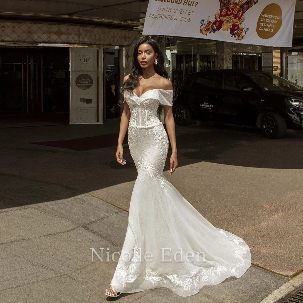 

Nicolle Eden Off The Shoulder Graceful Mermaid Wedding Dresses For Women Lace Appliques Bridal Gown Robe De Mariée Personalised