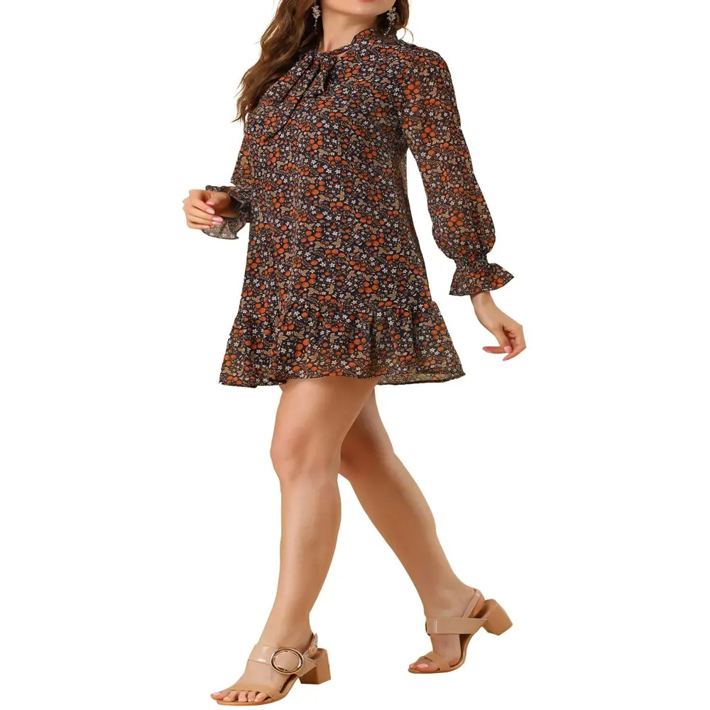 Women`s Floral Print Ruffle Tie Neck Loose Shift Dress