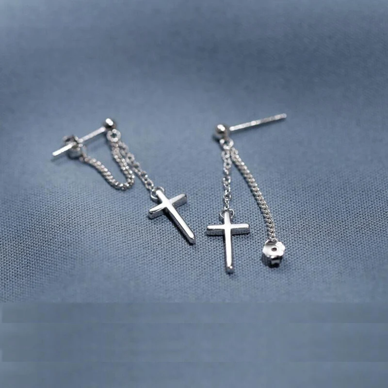 100% 925 Sterling Silver Cross Chain Stud Earrings Beautiful For Women Lady Jewelry Gift ED470