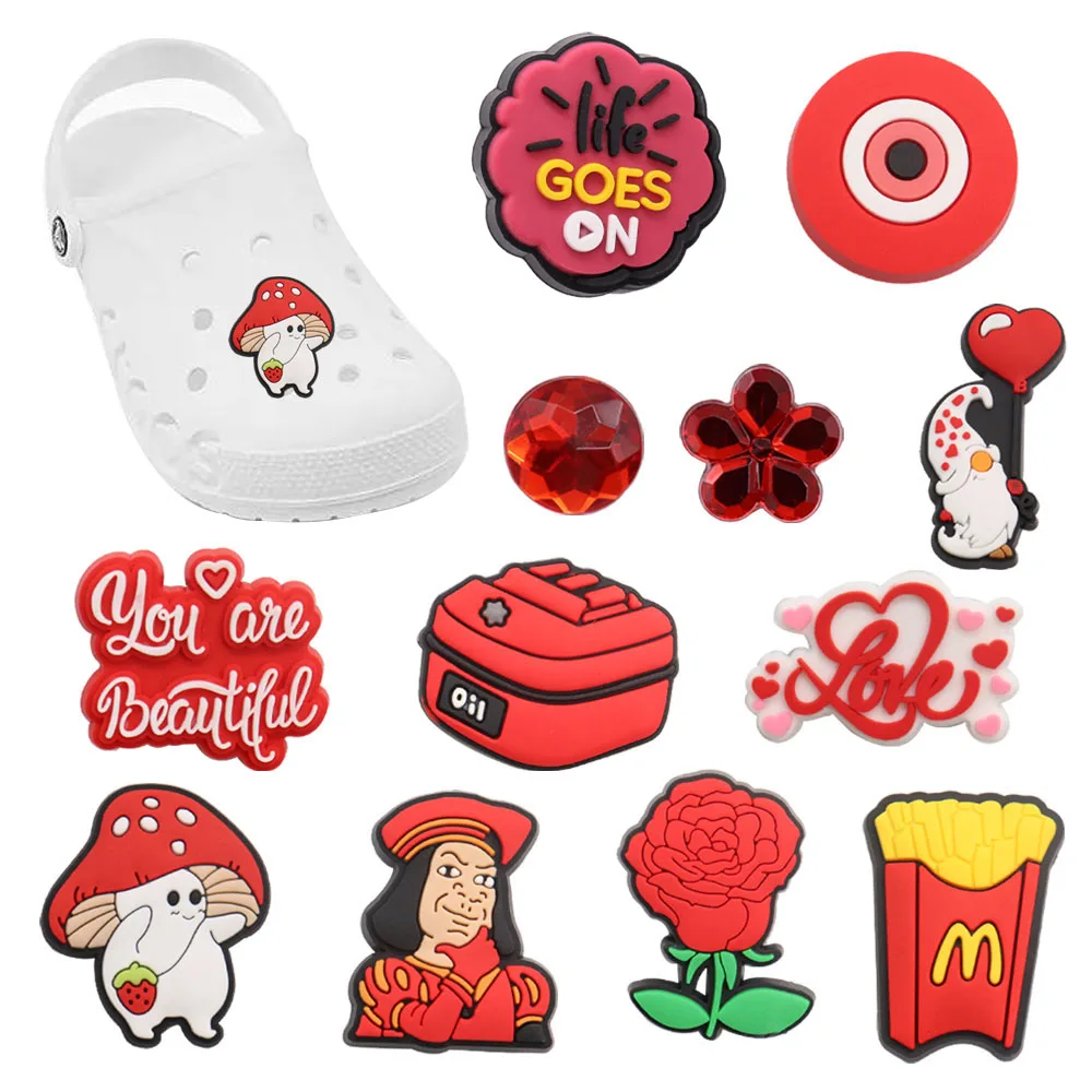 

1-12Pcs PVC Red Series Mushroom Rabbit Rose Girl Sandals Shoe Charms Buckle Clog Oil Shoe Decoration Fit DIY Croc Jibz Backpack