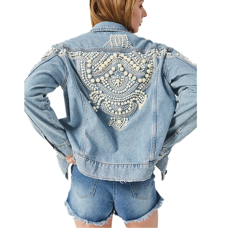 

Women Jacket Bead Embellished Denim Cotton Coat Winter More Than 200 Pearl Studs Inlaid Coat Bomber Jacket Coats Pearl Outwear