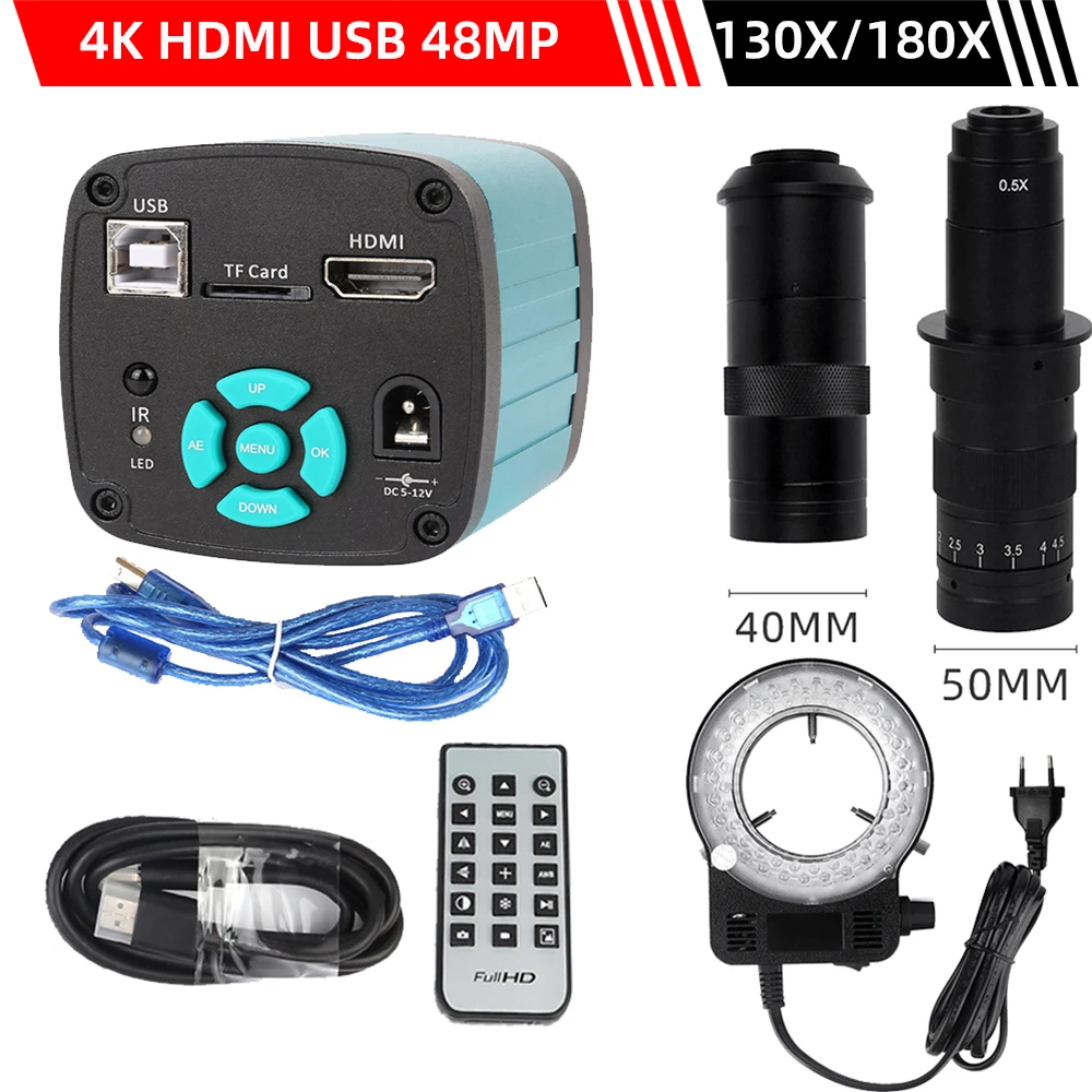 

Цифровой видеомикроскоп 4K 48 МП 1080P HDMI USB камера 130X 180X Регулируемый объектив + 56 светодиодный светильник подходит для ремонта телефона пайки