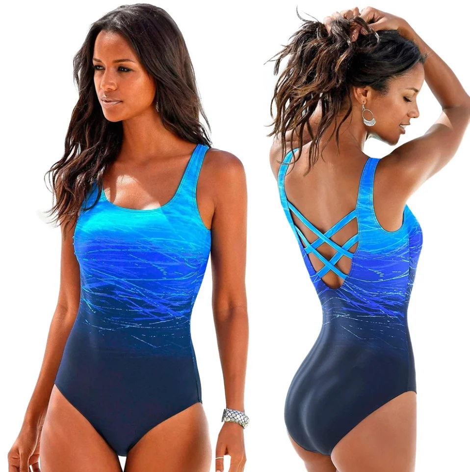 2022 new swimsuit criss-cross back one-piece beach swimsuit gradient printing Plavky sexy one-piece female swimsuit