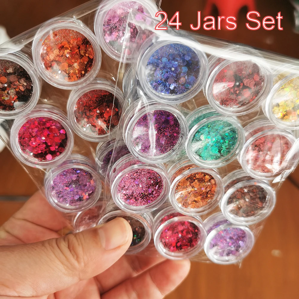 

24 Jars Kits Holo Chunky Glitter Sequins Laser Flakes Chunky Holographic Mixed Size Sequins Pieces DIY French Nail Powder