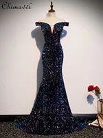 fashion off neck backless sequined trailing fishtail dress for ladies 2022 new summer navy blue tied slim fit dress women