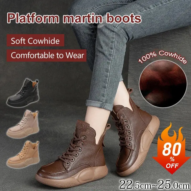 

High-top Retro Style Ankle Boots Genuine Leather Boots Women 2023 New Retro Fashion Flats High-top Woman Shoes Thick Sole