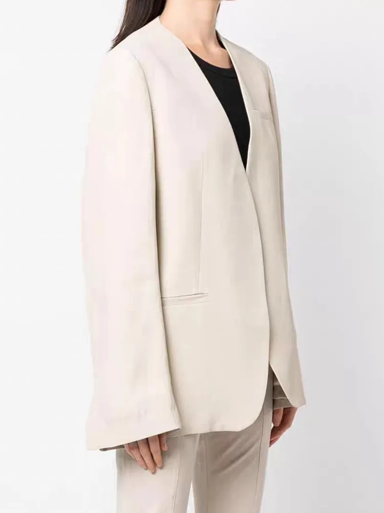 

Linen Blend Women's V-Neck Suit Coat 2023 Fall Minimalist Design Buttonless Simple Commuting Silhouette Casual Blazer for Female